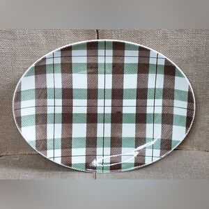 Vintage Homer Laughlin Dura Print Green Brown White Plaid Platter Farmhouse
